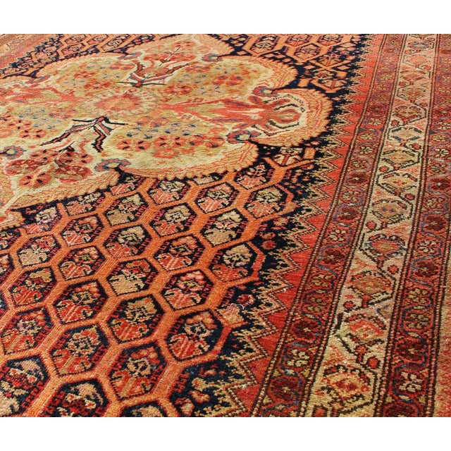 Antique Mission Malayer Rug With Floral Medallion in Blue, Orange & Green For Sale In Atlanta - Image 6 of 7