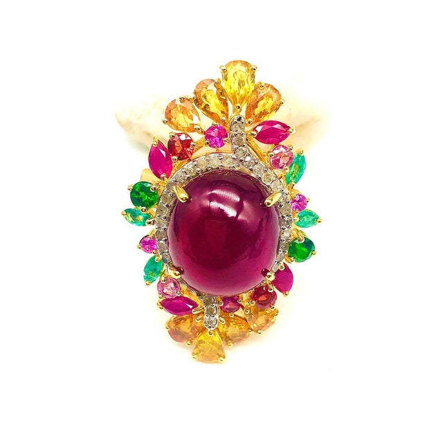 Gemstone Bochic "Orient" Vintage Diamond, Emerald & Sapphire Ring Set In 18K & Silver For Sale - Image 7 of 18