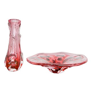 Large Pink Art Glass Vase and Bowl Set from Novy Bor Glassworks, 1960s, Set of 2 For Sale