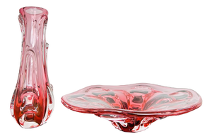 Large Pink Art Glass Vase and Bowl Set from Novy Bor Glassworks, 1960s, Set of 2