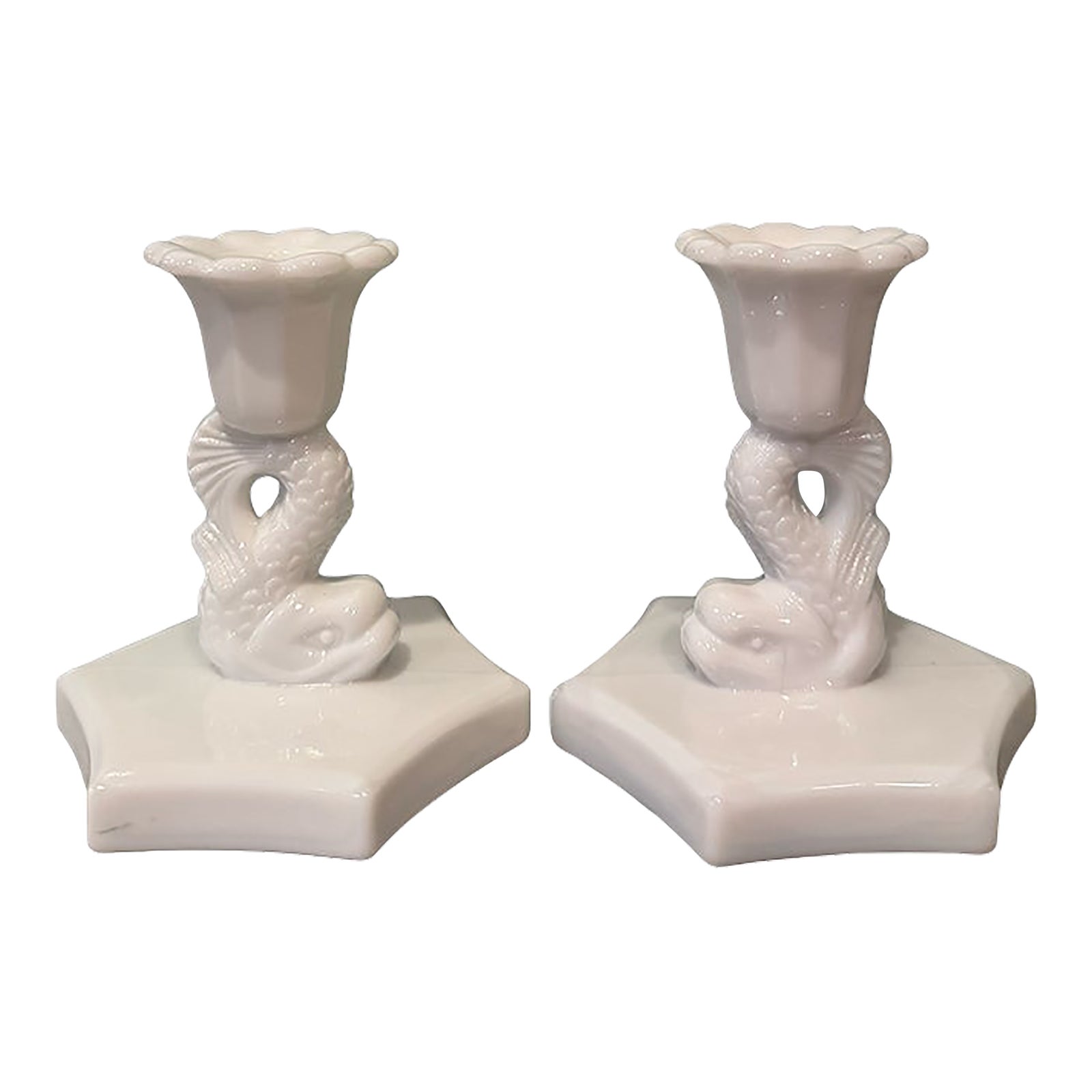 Mid 20th Century Pair Milk Glass Fish Candlesticks—attributed to l.e ...