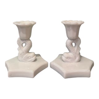 Mid 20th Century Pair Milk Glass Fish Candlesticks—attributed to l.e. Smith Glass Company, Figural Dolphin or Koi Form For Sale