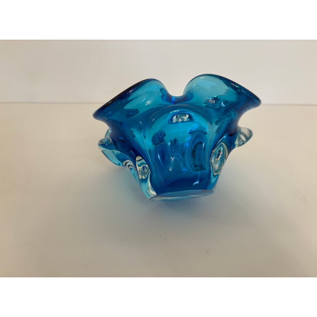 Mid-Century Modern Blue Vintage Murano Ruffled Hand Blown Glass Candy Dish Sculpture For Sale - Image 3 of 10