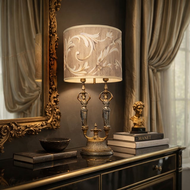 This Rare and Unique Mid Century Regency Roman Goddess Candelabra Statute Table Lamp by The Fortune Lamp Company has a...