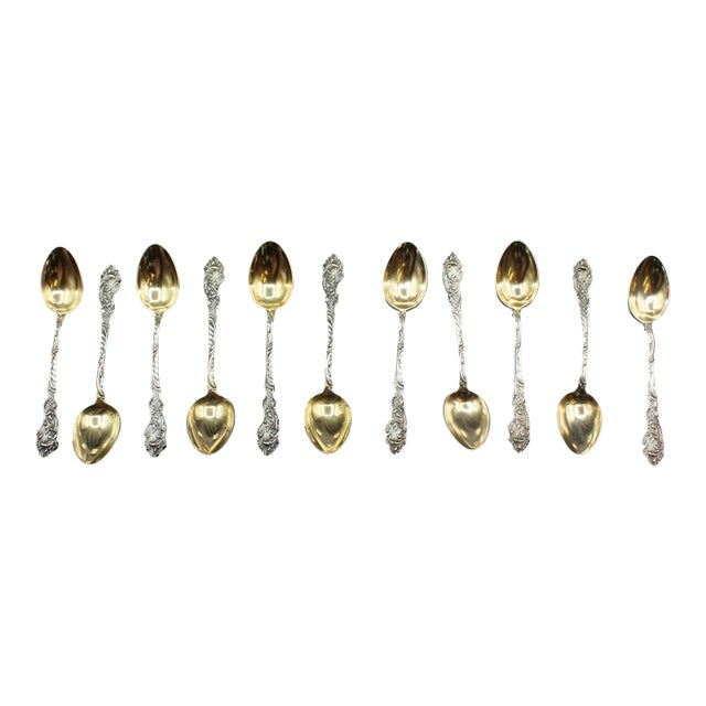 Circa 1890 German Set of 11 800 Standard Silver & Gilt Demitasse Spoons - 11 pcs For Sale
