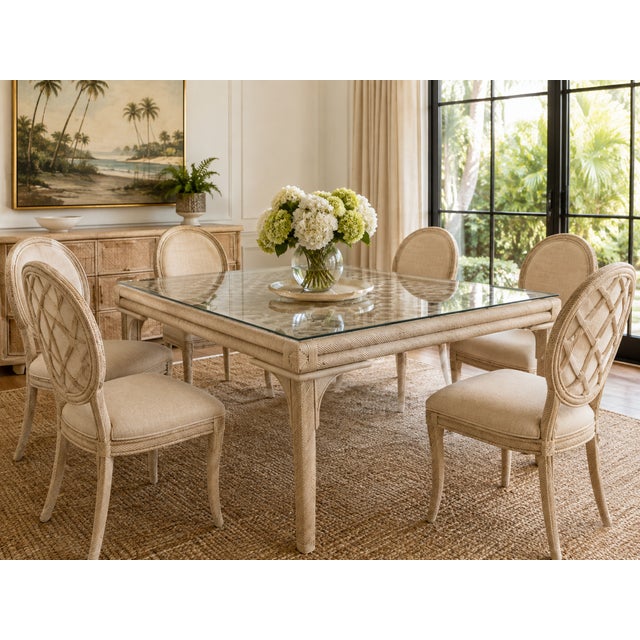 A striking vintage dining table featuring an intricately woven rattan frame in a soft ivory finish. The substantial square...