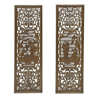 Pair Vintage Oriental Brown Figural Motif Rectangular Wood Panels For Sale