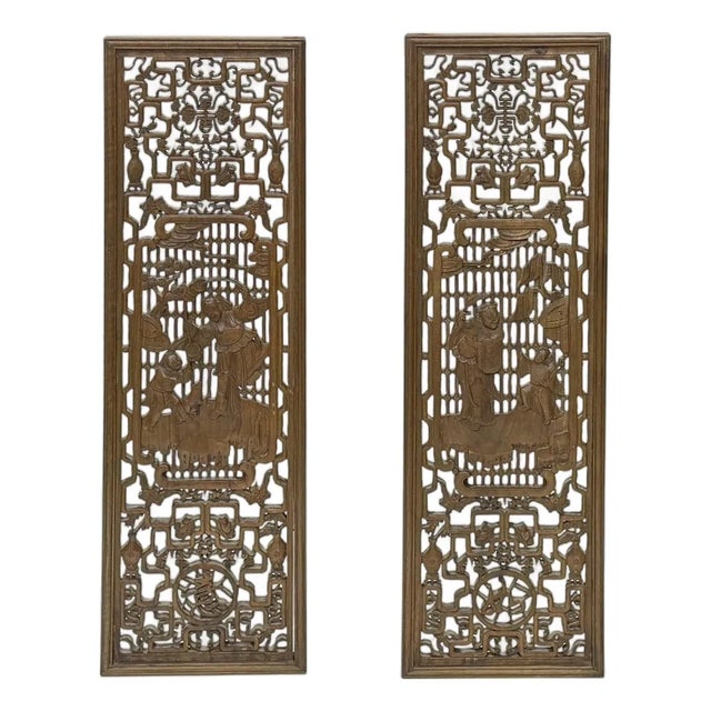 Pair Vintage Oriental Brown Figural Motif Rectangular Wood Panels For Sale