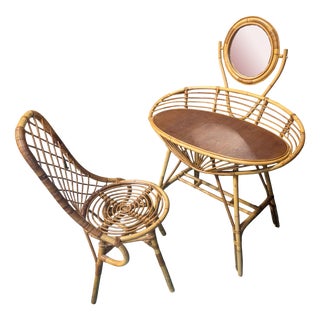 Rattan Dressing Table and Chair, Set of 2 For Sale