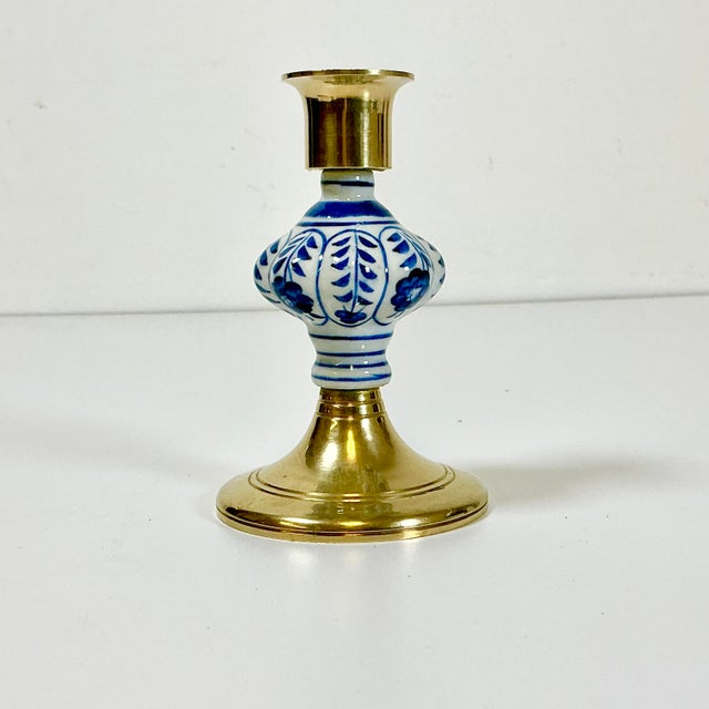 Mid 20th Century Mid-Century Boho Chic Hollywood Regency Ceramic Delft Blue & White, Brass Candle Holder For Sale - Image 5 of 11