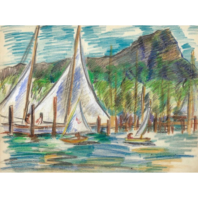 Grace Spongberg (American, 1906-1992) "Yacht Harbor Diamond Head in Background" oil pastel on paper, titled and estate...