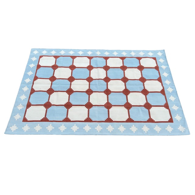 Handwoven Cotton Area Rug, Sky Blue and Terracotta Red Tile Swedish Dhurrie - 6'x9' For Sale - Image 12 of 13