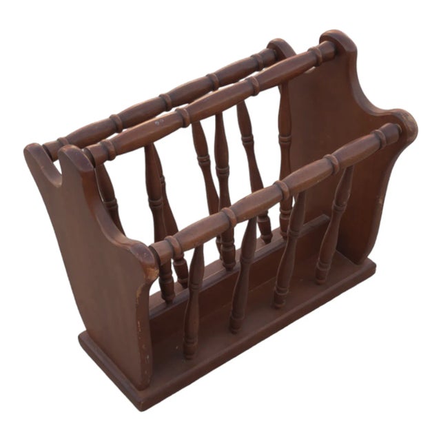 Wood Vintage Turned Wood Colonial Style Espresso Stained Magazine Rack With Center Handle For Sale - Image 7 of 9