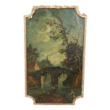 Landscape with River and Bridge, Oil Painting on Canvas, 19th Century, Framed For Sale