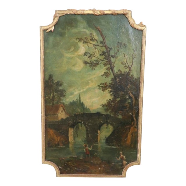 Landscape with River and Bridge, Oil Painting on Canvas, 19th Century, Framed For Sale
