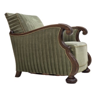 Vintage Danish Carved Oak Lounge Chair with Green Velour Upholstery, 1950s For Sale