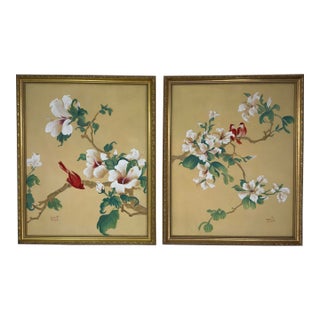 Vintage Original Hibiscus Bird Paintings Diptych Chinoiserie Gilt Frames For Sale
