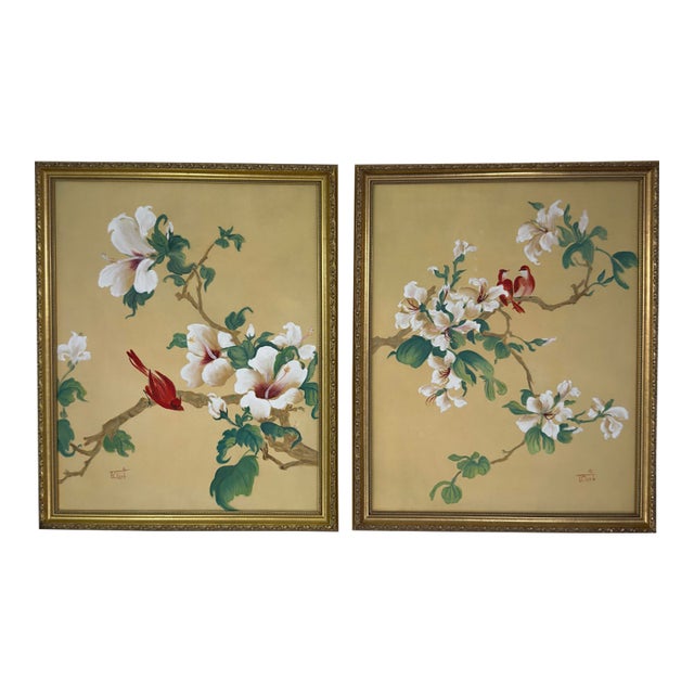 Vintage Original Hibiscus Bird Paintings Diptych Chinoiserie Gilt Frames For Sale