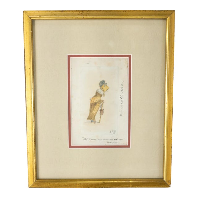 19th Century Americana Folk Art Watercolor and Pencil Drawing of an Old Woman For Sale