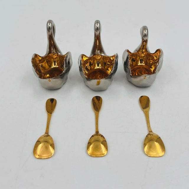 Vintage Limoges Silver/Platinum and Gold Plated Porcelain Swan Salt Cellar With Gold Plated Spoon For Sale - Image 12 of 12