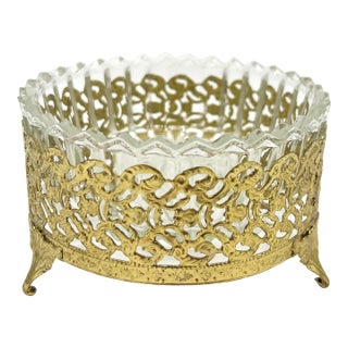 Vintage Hollywood Regency Gold-Tone Filigree & Glass Footed Dish — Candy / Nut Bowl / Vide Poche For Sale