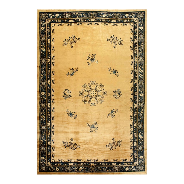 1920s Beige Floral Deco Oriental Antique Peking Room Size Wool Knotted Rug For Sale