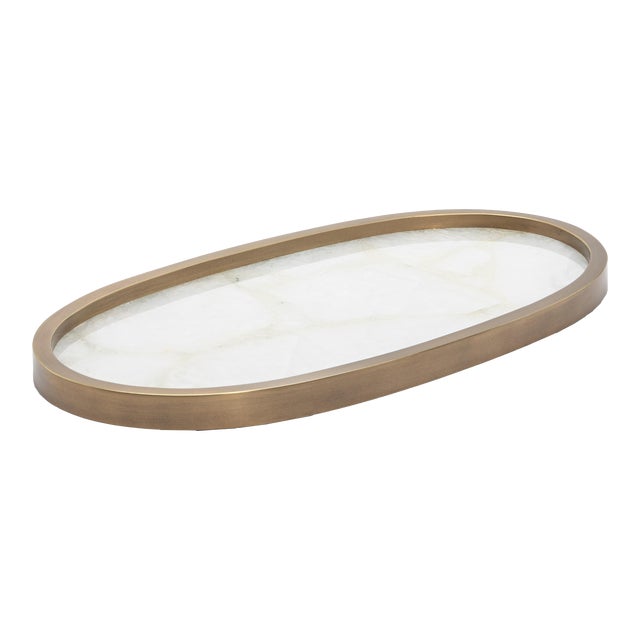 Oval Tray in White Quartz With Bronze Patina Brass by Kifu Paris For Sale