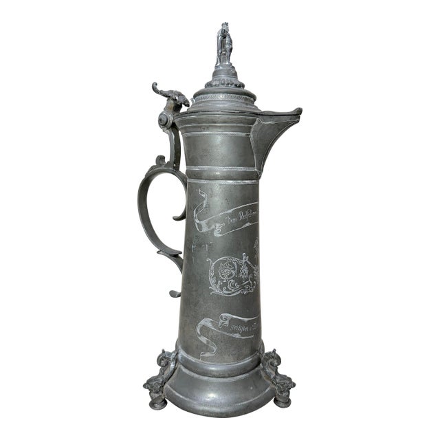 19th Century Large Antique Ornate German Cycling Trophy Award Pewter Lidded Stein Tankard For Sale