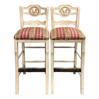 Country French Rooster Ladderback Barstools - A Pair For Sale