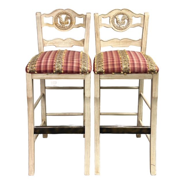 Country French Rooster Ladderback Barstools - A Pair For Sale