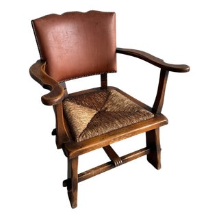 Brutalist Armchair with Wicker Seat and Leather Back For Sale