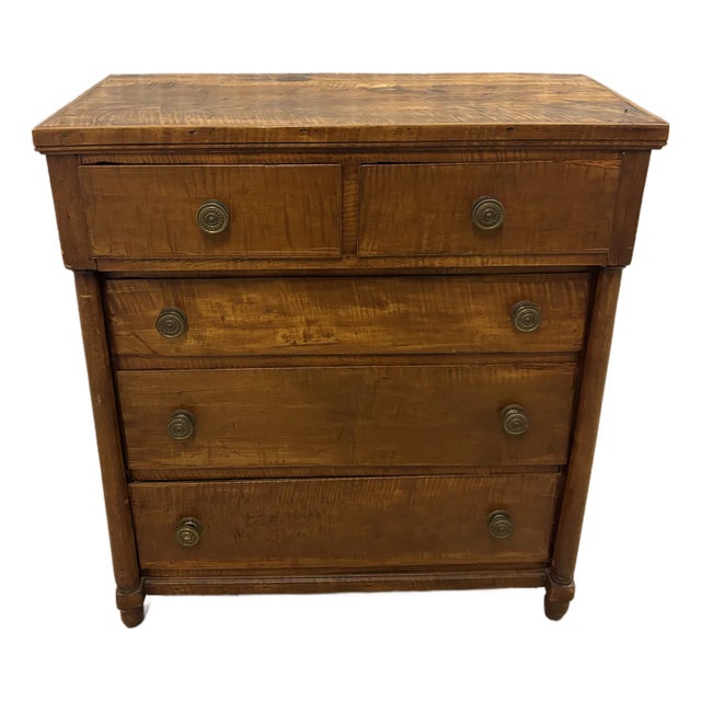 Late 19th Century Tiger Maple and Cherry Wood Federal Chest of Drawers Two Over Three For Sale