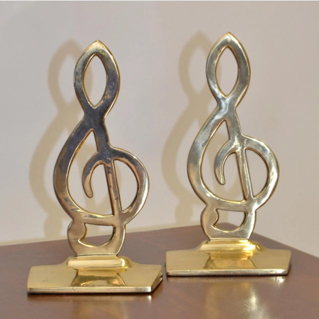 Pair MidCentury Modern Polished Solid Cast Brass Musical Note Bookends
