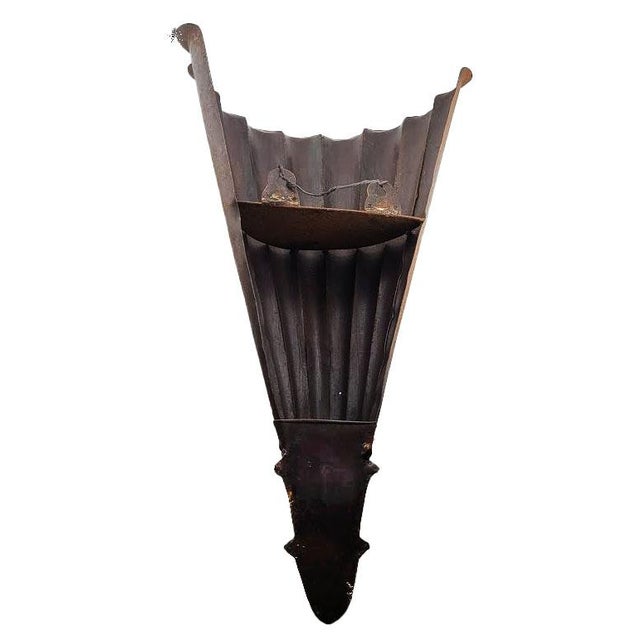 Large Vintage Rusty Metal Fluted Torchiere Wall Pocket Bracket Sconces - A Pair For Sale - Image 4 of 5