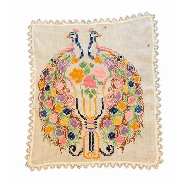 Vintage Peacock Embroidered Tapestry Art Cloth Panel For Sale - Image 9 of 10