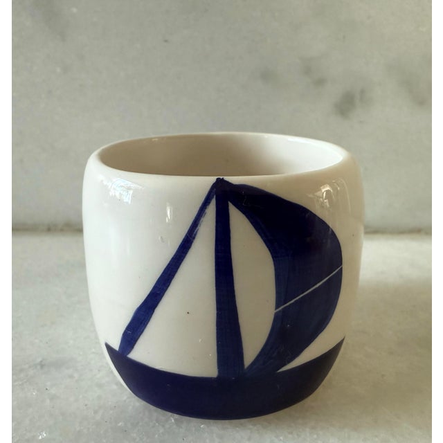 Set of 5 Ceramic Blue and White Napkin Rings With Boat Design For Sale - Image 4 of 7