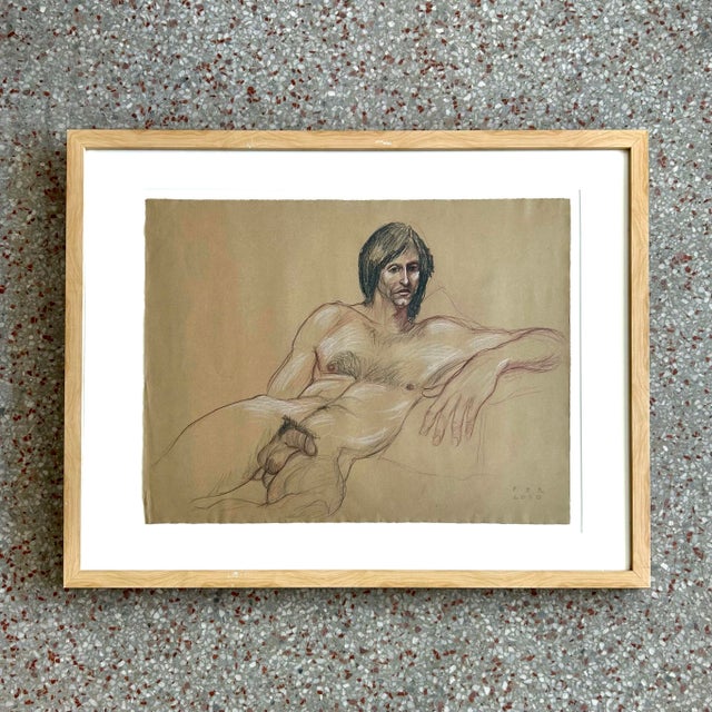 Figurative Vintage Boho Drawing of Reclined Man For Sale - Image 3 of 6