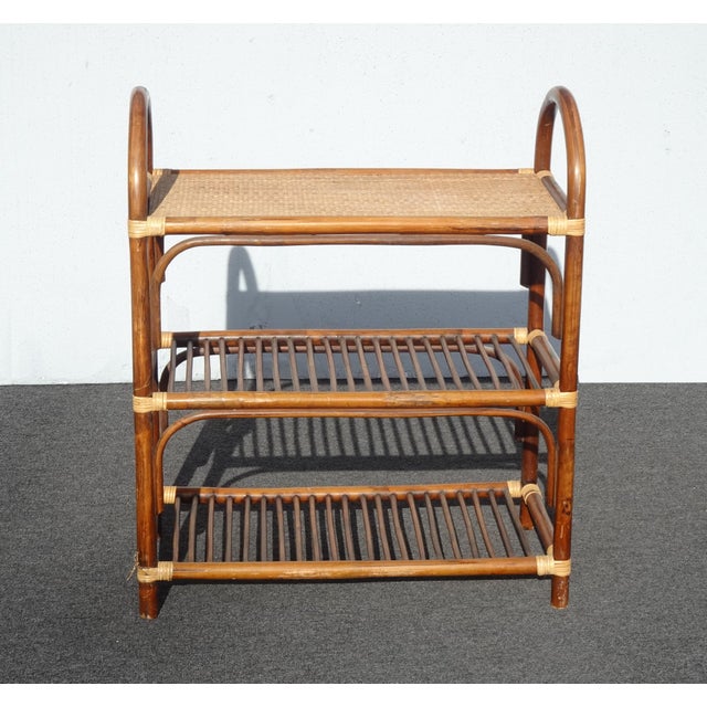 French Country Vintage Three Tier Coastal Bamboo Rattan Stand Golden Brown Side Table Bookcase For Sale - Image 3 of 15