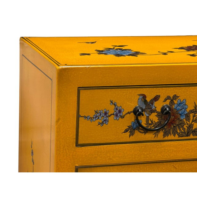 Oriental Bright Mustard Yellow Vinyl Flower Bird Graphic Cabinet For Sale - Image 14 of 16