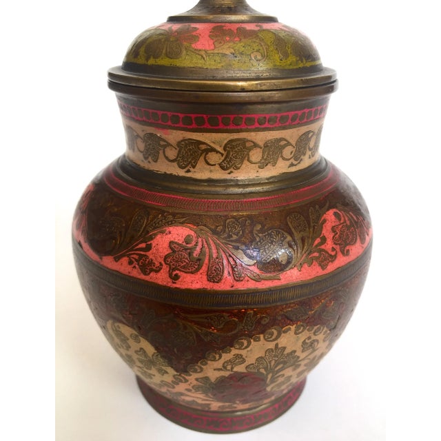 Vintage Mid Century India Brass Incised Multicolor Enamel Incense Urn Lidded Jar For Sale - Image 9 of 13