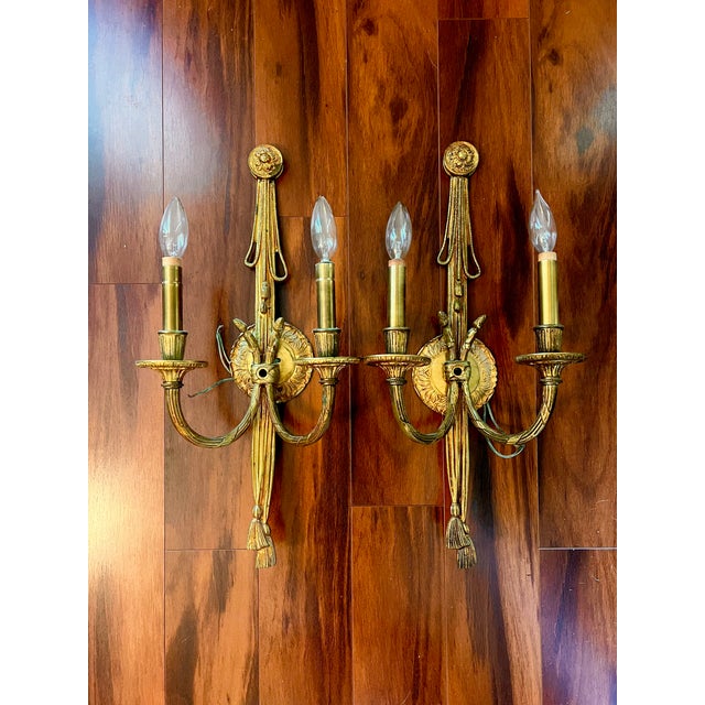 Vintage French Louis XVI Gilt Bronze Double-Arm Rope and Tassel Wall Sconces - a Pair For Sale - Image 9 of 13