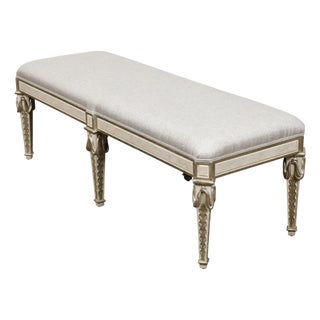 Italian Midcentury Painted Bench with Silver Foliage Carved Legs and Upholstery For Sale