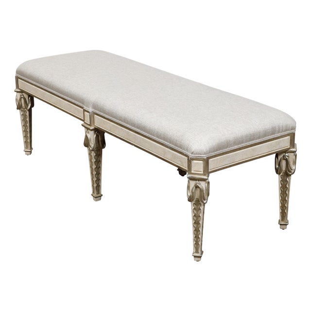 Italian Midcentury Painted Bench with Silver Foliage Carved Legs and Upholstery For Sale