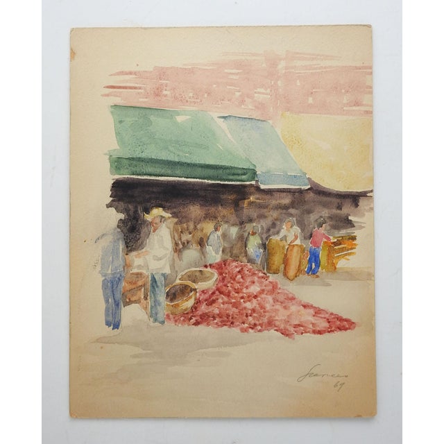 Mid 20th century watercolor on artist board painting of an open air market. Signed Frances lower right corner dated 1969....