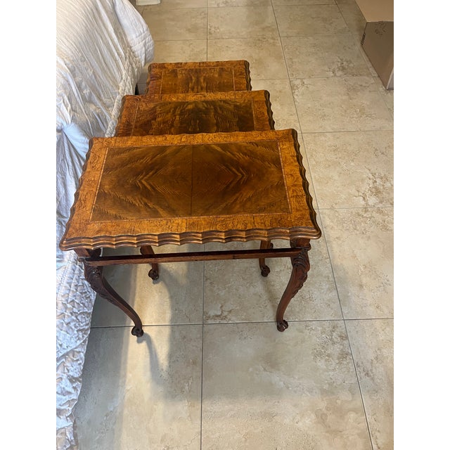 Set of 3 1930s Carved Burr Walnut Nesting Tables For Sale - Image 11 of 12