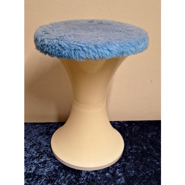 Vintage Stool in Cream-White Plastic with Blue Seat Cover, 1970s, in Good conditions. Designed 1970 to 1979