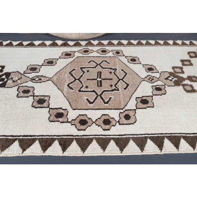 Vintage Turkish Oushak Handmade Wool Cotton White Runner Rug For Sale - Image 10 of 11
