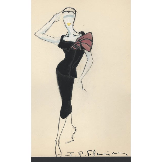 1950s Mid-Century French Fashion Drawing, Gouache For Sale - Image 4 of 5