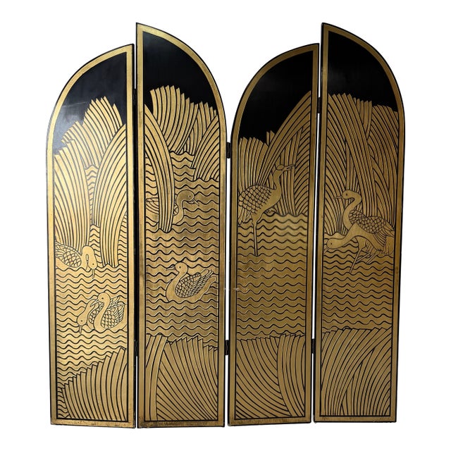 Vintage Art Deco Asian-Style Four-Panel Folding Screen - Room Divider For Sale