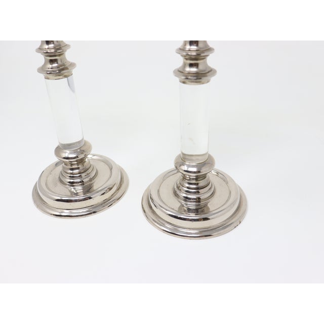 Vintage Karl Springer Style Chrome and Lucite Candlesticks - A Pair For Sale - Image 9 of 10